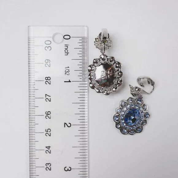 Givenchy Pastel Blue Rhinestone Jewel Flower Oval Silver Dangle Clip Earrings - Picture 9 of 9